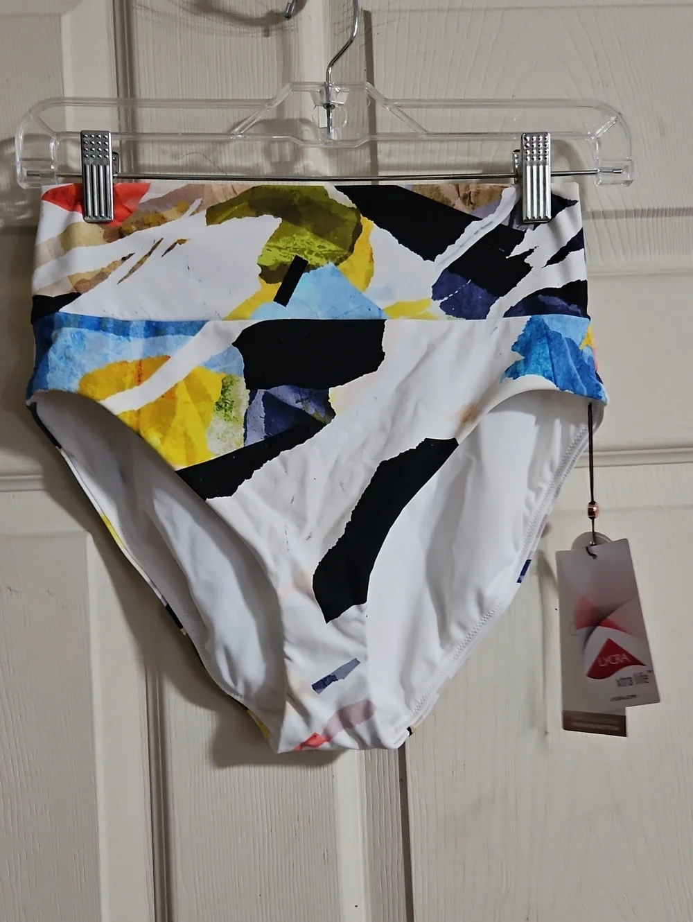 CALIA Wide Banded High Rise Swim Bottoms: COLLAGE PURE WHITE: NEW WITH TAGS: S